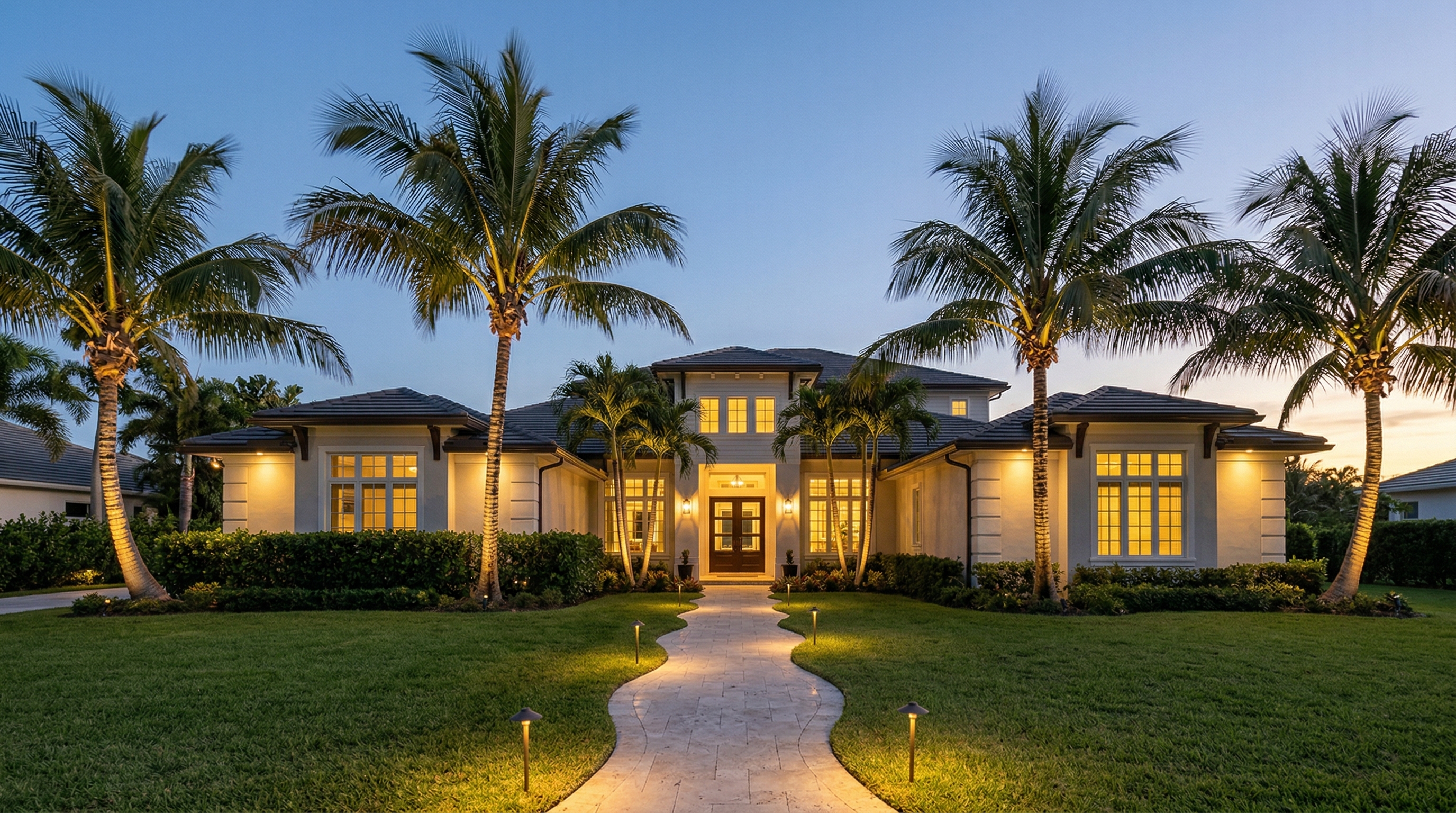 Luxury home at night with landscape lighting